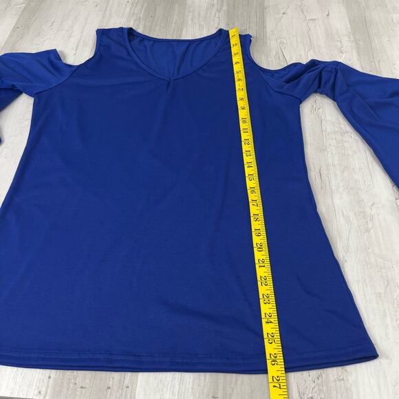 2000s Blue Bell Sleeve Cold Shoulder V Neck Flowy Long Sleeve Shirt Small - Picture 7 of 8